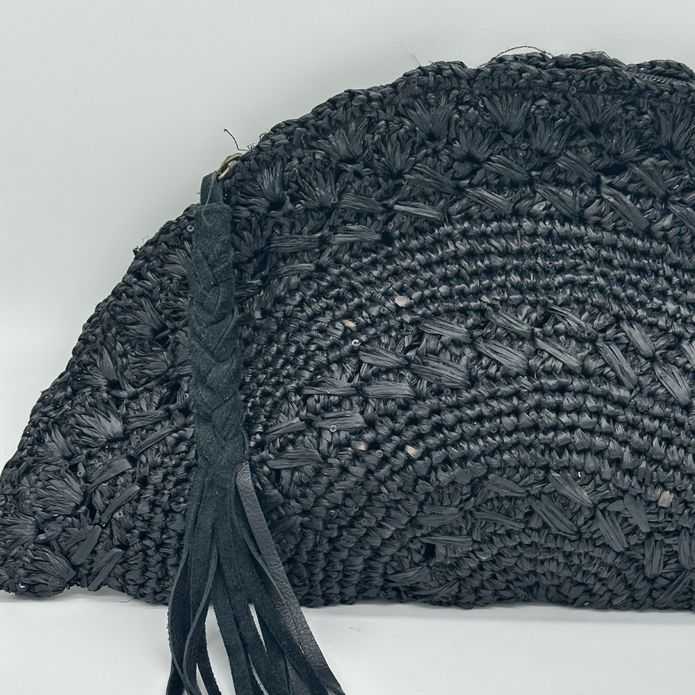Flora Bella Rafia Sequin Black Fan Clutch Leather Tassel - Picture 5 of 7